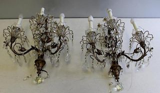 Pair Of Antique Gilt Metal and Crystal Sconces