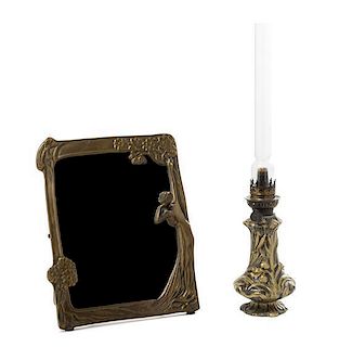 * A Continental Art Nouveau Style Cast Metal Dressing Mirror, Height of first 11 1/2 x width 9 inches.