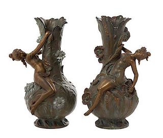 * A Pair of Art Nouveau Cast Metal Vases, Height 15 3/4 inches.