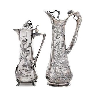 * Two German Art Nouveau Silver-Plate Wine Jugs, Height of taller 14 5/8 inches.
