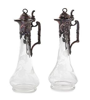 * Two German Etched Glass and Silver-Plate Mounted Glass Claret Jugs, Height 9 inches.