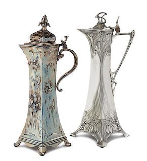 * A German Silver-Plate Wine Jug and Similar Claret Jug, Height of wine jug 14 1/4 inches.