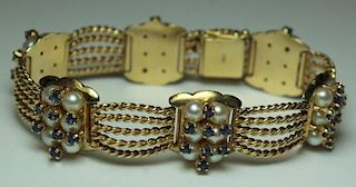 JEWELRY. 14kt Gold, Pearl, and Sapphire Bracelet.