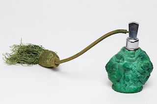 Czech Art Deco Malachite Glass Perfume Bottle