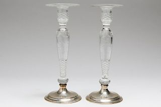 Hawkes Crystal & Sterling Silver Candlesticks Pair