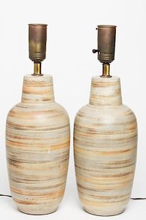Mid-Century Modern Striated Pottery Lamps, Pair