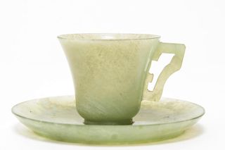 Chinese Jadeite Jade Teacup & Saucer, Antique