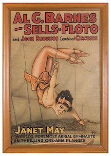 Al G. Barnes-Sells-Floto and John Robinson Combined. Janet May World’s Foremost Aerial Gymnaste in Thrilling One Arm Plange