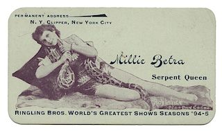 Millie Betra “Serpent Queen” Snake Handler Cabinet Photo and Calling Card.