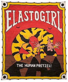 Elastogirl the Human Pretzel. Painted Canvas Sideshow Banner.