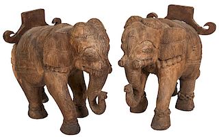 Pair of Carved Wooden Asiatic Elephants.