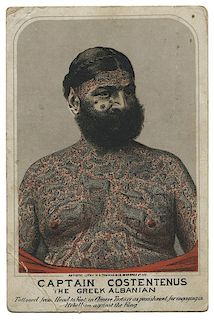 Captain Costentenus Tattooed Man. Lithographed Cabinet Card.