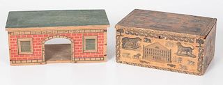 Lithographed Decorated Box and Toy Train Station
