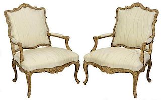 Pair Chippendale Style Gilt Wood Open Arm Chairs