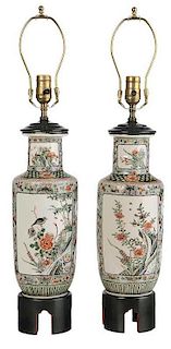Pair Famille Verte Vases Converted to Lamps