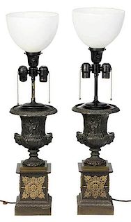 Pair of Regency Style Bronze Urn Form Lamps