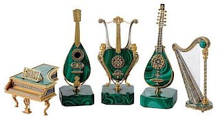 Five Malachite Gilt Silver Musical Instruments