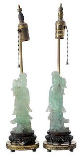 Pair of Green Quartz Guanyin Lamps