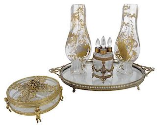 Five Brass and Glass Dressing Table Articles