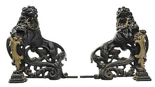Pair Cast Iron Lion Figural Chenet