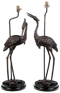 Pair of Bronze Stork-Form Table Lamps