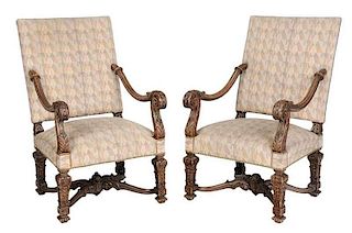 Pair Louis XIV Style Beechwood Open Arm Chairs