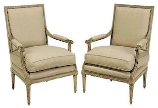 Pair Louis XVI Upholstered Arm Chairs