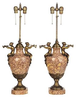 Pair Marble and Bronze Urns Mounted as Lamps