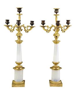 Pair of French Empire Opaline Mounted Candelabra