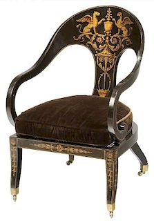 Empire Style Paint Decorated and Caned Arm Chair