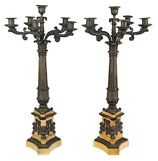 Pair of Sienna Marble and Bronze Candelabra
