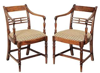 Pair Regency Inlaid Mahogany Arm Chairs