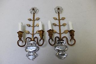 A Pair of Vintage Gilt Metal and Crystal Sconces.
