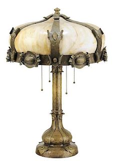 Arts & Crafts Bronze and Slag Glass Lamp