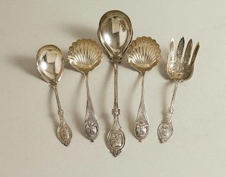 Five Silver Serving Pieces, Medallion Pattern