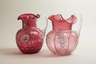 Two Enameled Glass Pitchers