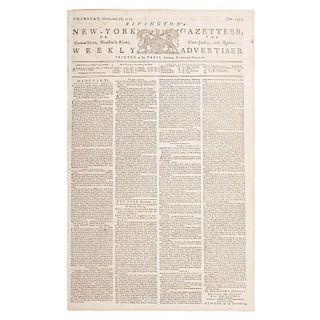 Rare Revolutionary War Newspaper, Rivington's New-York Gazetteer; or, the Connecticut, Hudon's River, New-Jersey, and Quebec 