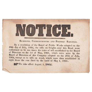 Notice. Richmond, Fredericksburg and Potomac Railroad, Broadside, 1864