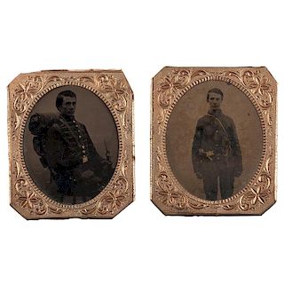 Civil War Cased Images of Soldiers Posed with Equipment & Instruments, Incl. Drummer and Armed Private with Pistol