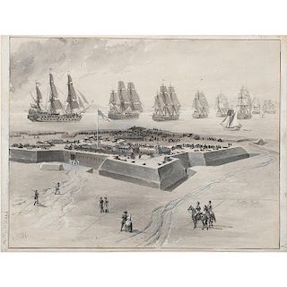 Revolutionary War Fort and Warships, Watercolor and Gouache by Alfred R. Waud