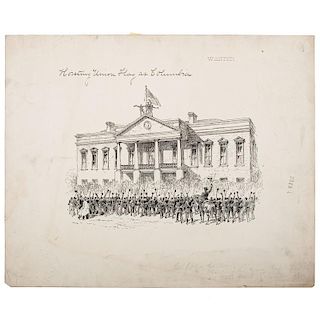 Raising the Flag Over the Old State House, Columbia, South Carolina, February 1865, Pen and Ink Sketch Attributed to Alfred R