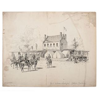 General Warren's Headquarters, Globe Tavern, Virginia, 1864, Pen and Ink Sketch by Alfred R. Waud