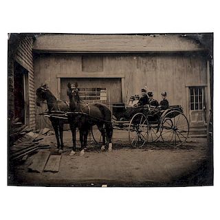 Whole Plate Tintype of Family Posed in Horse-Drawn Wagon