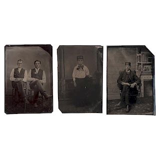 Three Tintypes of Men Wearing Campaign Badges and Hats in Support of 1880s Presidential Candidates