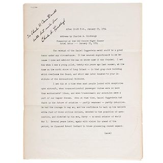 Charles Lindbergh Typed Speech Signed