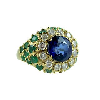1950's Synthetic Sapphire, Emerald, Diamond Ring