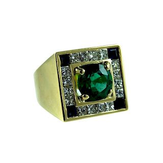 Contemporary 18K Emerald, Diamond, Sapphire Ring