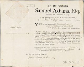 Adams, Samuel (1722-1803) Document Signed, 11 September 1794, Military Appointment for Abiah Bliss Jr., (1768-1858) and an Ar