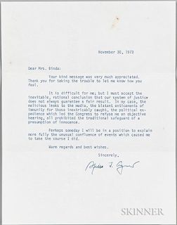 Agnew, Spiro (1918-1996) Typed Letter Signed, November 30, 1973. Single leaf of plain wove paper, typed over one page, with a