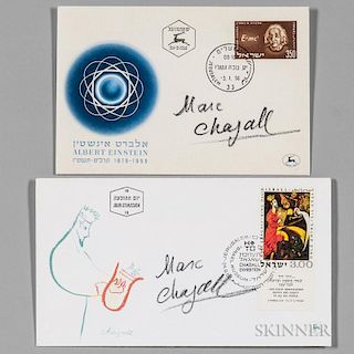 Chagall, Marc (1887-1985) Two Signed Israeli Covers: Albert Einstein, 1956; and King David, 1962. First day covers, with spec